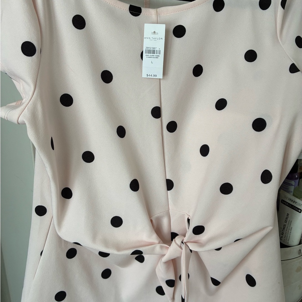 Ann Taylor Black and light pink Polka Dot Tie-Front Blouse